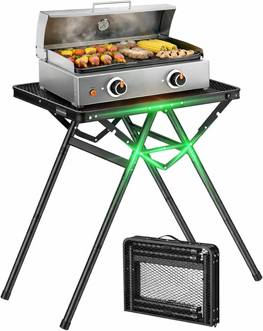 GARLLEN Folding Grill Table Max Capacity 180 lbs, 3 Adjustable Height Camping Table with Heat-Resistant Tabletop, Aluminum Picnic Table with Stable Structure for BBQ, Camping, Outdoor, 23.6"L x 15.7"W