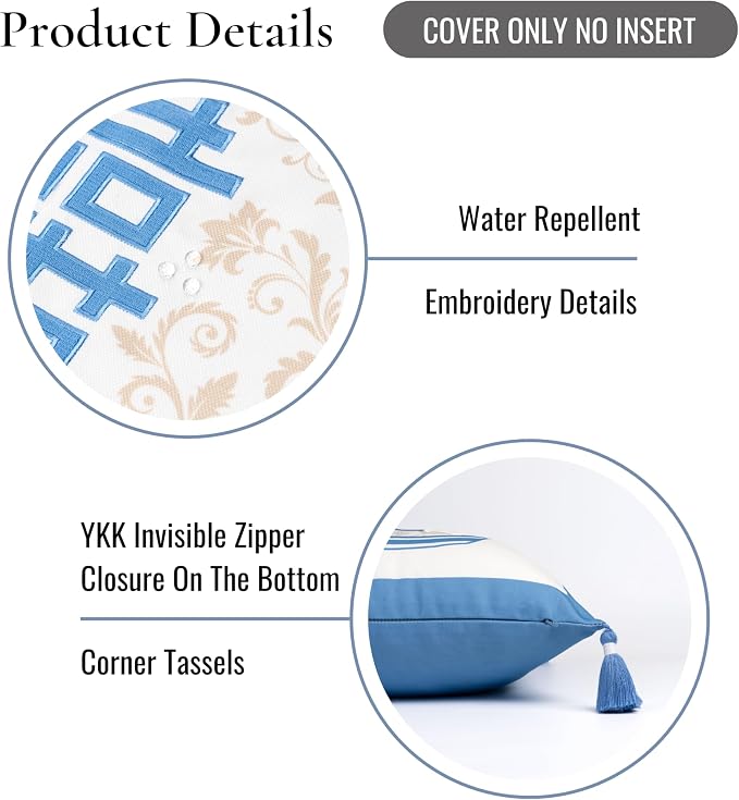 Hofdeco Premium Coastal Hampton Patio Indoor Outdoor Throw Pillow Cover Only, 20"x20" Water Repellent for Backyard, Couch, Poolside, Azure Blue Tan Embroidered Happiness Chinoiserie Vase