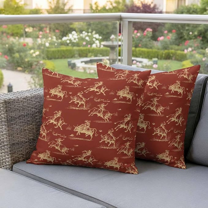 Orange Western Cowboys Outdoor Pillow Covers Waterproof, All Weather Cushion Case Set of 2, Vintage Country Cow Grass Decorative Pillowcases for Sofa Couch Bed Decor Patio Furniture 18"x18"