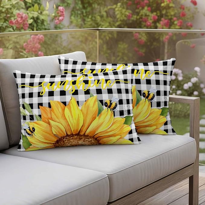 Farm Outdoor Pillow Covers Set of 2,Watercolor Sunflowers Honeybee Decorative Waterproof Throw Pillowcase Yellow Flower Black White Plaid Cotton Linen Soft Cozy Cushion Cover Pillowsham 20x12In