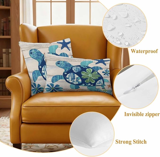 Ocean Turtle Outdoor Waterproof Throw Pillow Covers Set of 2, 26"x26", Sea Animals Rustic Wooden Board Decorative Pillow Covers Outside Cushion Case for Patio Porch Garden
