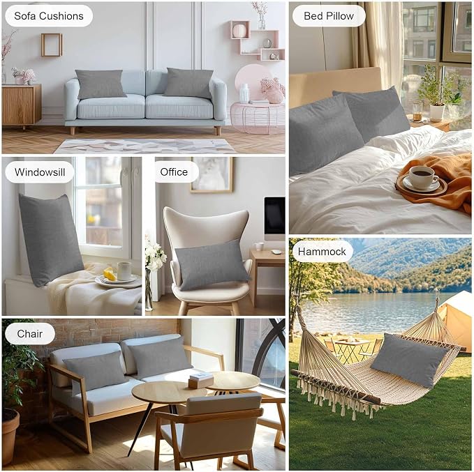 Vandarllin Outdoor Throw Pillows Covers 20x12 inch Set of 2 Waterproof Grey Linen Decorative Zippered Cushion Covers for Patio Furniture, Farmhouse Pure Color Lumbar Pillowcases