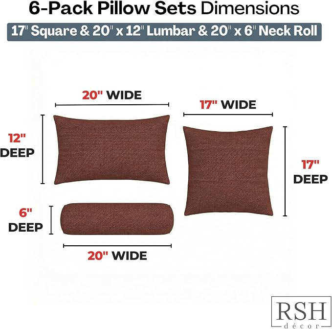 RSH DECOR: 6-Pack Pillow Set | Sunbrella Performance Fabric |Water & Fade-Resistant| 17" Square, 20"x12" Lumbar, 20"x6" Neck Roll | Outdoor Throw Pillows | Made in USA (Essential Russet)