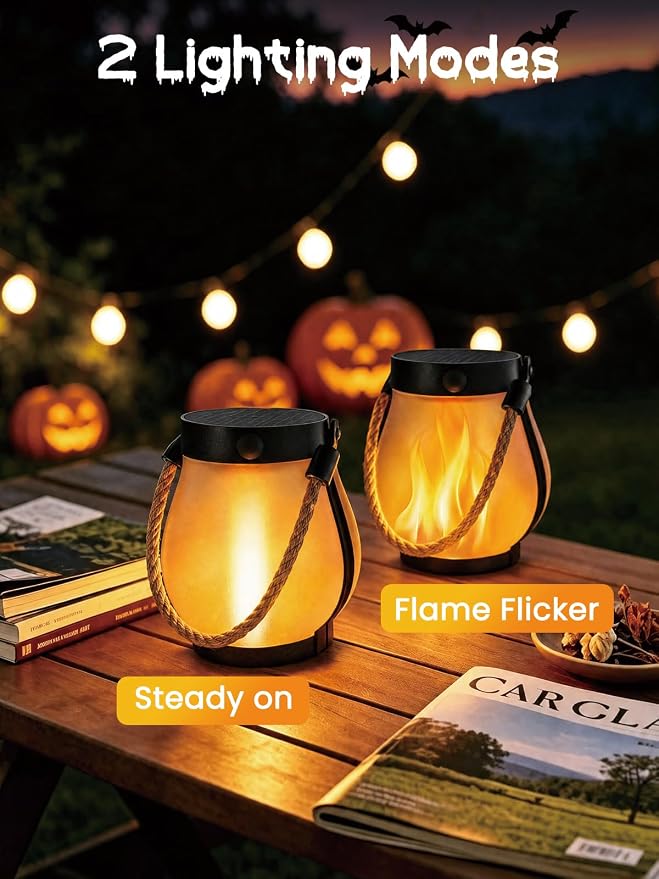 4 Pack Solar Flame Lanterns Outdoor Waterproof | USB & Solar Powered, Waterproof, 2 Modes, Auto On/Off, Garden Fall Porches Table Decor