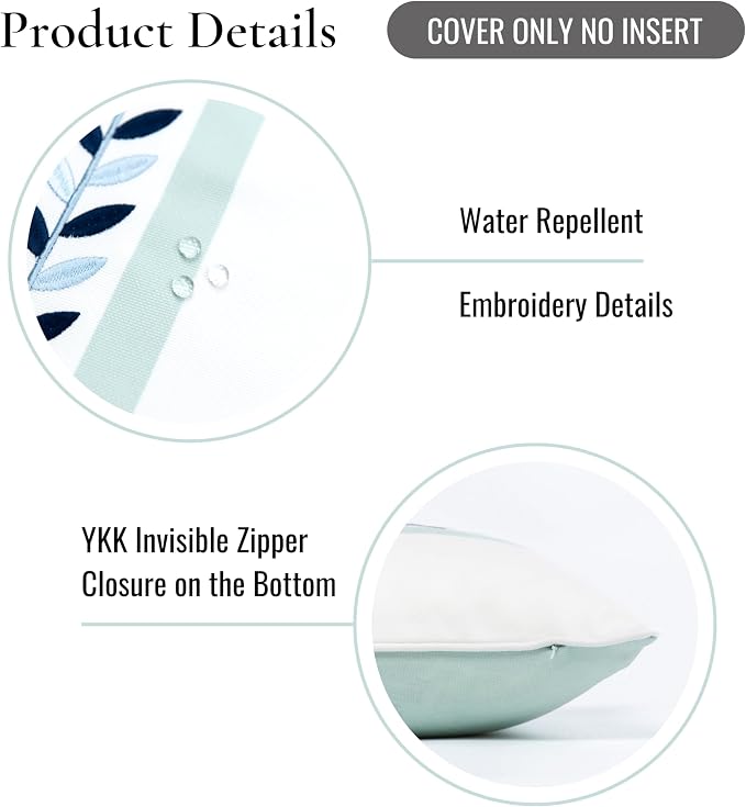 Hofdeco Premium Coastal Patio Indoor Outdoor Lumbar Pillow Cover Only, 12"x20" Water Repellent for Backyard, Couch, Aqua Embroidered Frame Leafs with Piping