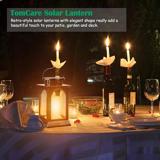 TomCare Flickering Flame Solar Lights Outdoor Metal Hanging Lantern, 2 Pack | Realistic Flame Effect, Charges in 6-8 Hours, 10-12-Hour Runtime, IP65 Waterproof, Auto On/Off for Patio, Garden and Porch