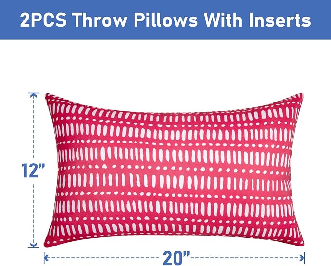 Pack of 2 Outdoor Pillows, 12x20 Outdoor Lumbar Pillows Waterproof | Outdoor Throw Pillows with Inserts, Fluffy and Supportive, Decorative Pillow for Patio and Garden, Pebble Red