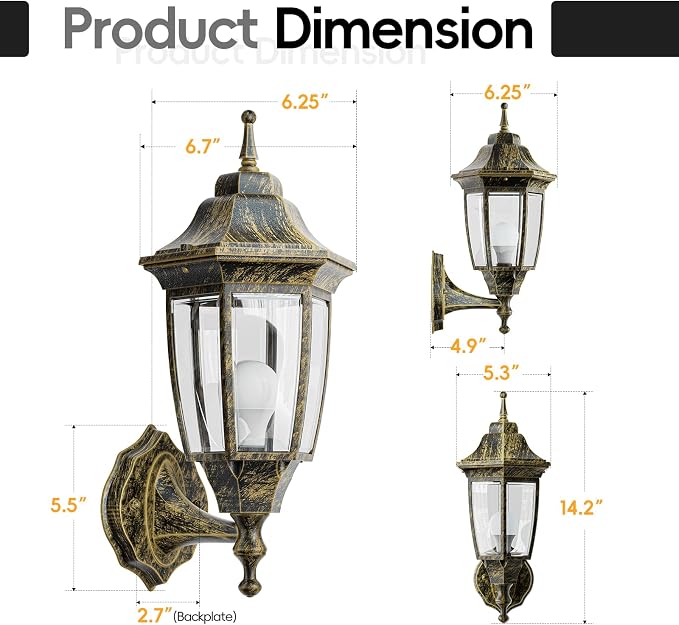 EMART Outdoor Front Porch Light with Bulb, Wall Lamp Fixture(2 Pack, Gold) | Exterior Anti-Corrosion, Waterproof Aluminum & Glass Shades, Modern Sconce Lantern for Outside, House, Garage