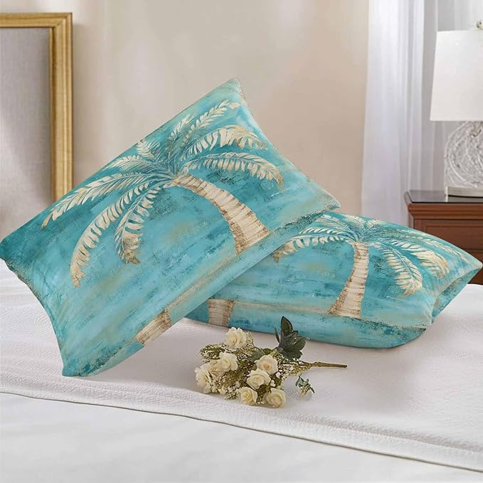 Coastal Beach Tree Green Outdoor Waterproof Pillow Covers, Vintage Tropical Flower Plant Decorative Rectangle Throw Pillowcase Sofa Cushion Sham for Patio/Couch/Chair, 20"x12" 2 Pack