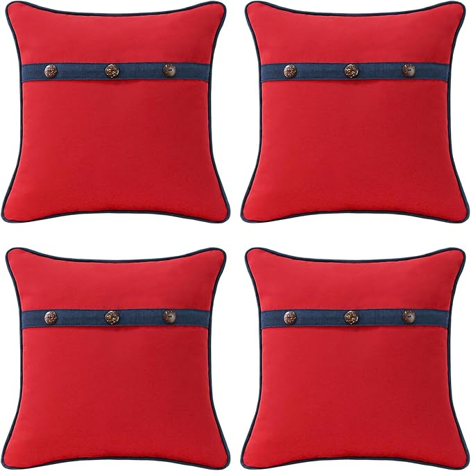 Outdoor Sunbrella Decorative Pillows with Triple Coconut Buttons Pack of 4, 16" x 16" Outdoor Pillow Set for Couch Bed Throw Patio Sofa, Canvas Logo Red/Specrtum Indigo