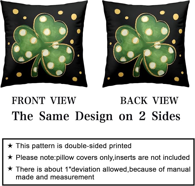 Pack of 2 St Patricks Day Pillow Covers 20x20 Lucky Blessed Shamrock Throw Pillow Covers Green Black Stripes Polka Dots Clover Pillow Cases for Sofa Couch Bed Home Decor