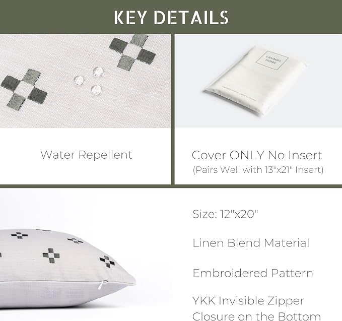 Modern Farmhouse California Casual Indoor Outdoor Lumbar Pillow Cover, 12"x20" Water Repellent for Patio, Backyard, Couch, Poolside, Neutral Green Embroidered Small Squares