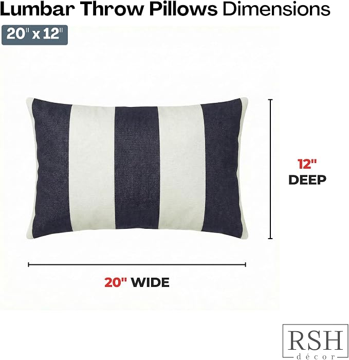 RSH DECOR: Sunbrella Lumbar Throw Pillows Set of 2 | 20" x 12" | Water & Fade-Resistant | Outdoor Pillow Covers with Down-Alternative Inserts | Made in USA (Cabana Midnight Navy Stripe)