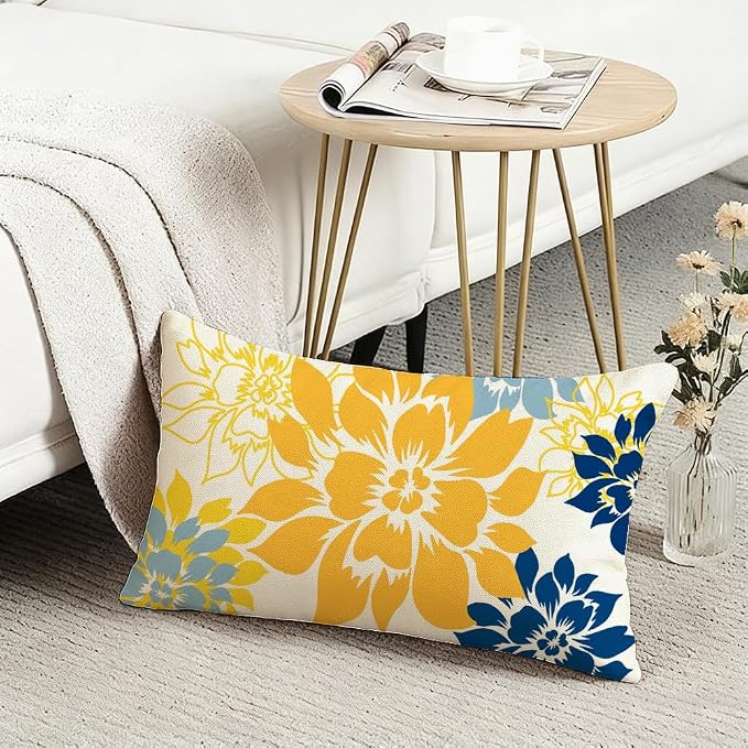 Waterproof Yellow and Blue Dahlia Floral Outdoor Pillow Covers 12x20 Inch, Decorative Spring Summer Cushion Cases for Living Room Sofa Patio Garden Porch