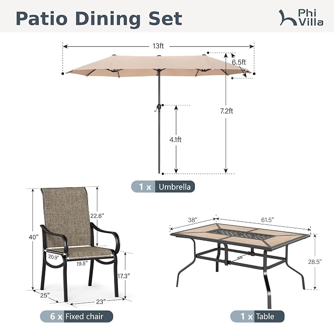 PHI VILLA 8 Pcs Outdoor Dining Set with 13ft Umbrella, Mesh Dining Chairs | 60'' wood-look rectangular table, 6 patio textilene chairs and 13ft beige umbrella(NO BASE) for deck, garden, backyard