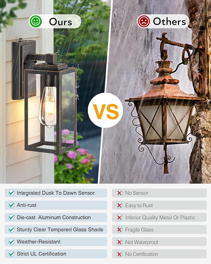 VIANIS 2 Packs Black Gold Outdoor Lights, Anti-Rust Porch Light Wall Mount, Waterproof Garage Light Lantern with Clear Glass, UL Listed Black Lights Sconce for House, Patio, Front Door