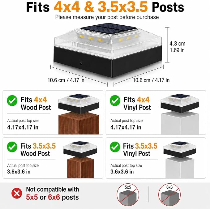 4x4 Solar Post Cap Lights Outdoor 4 Pack, 3 Color Modes/Dusk to Dawn/IP65 Waterproof, Fits 4x4 Vinyl/PVC Wood Posts Top, Black LED Fence Topper Light for Deck, Porch, Backyard