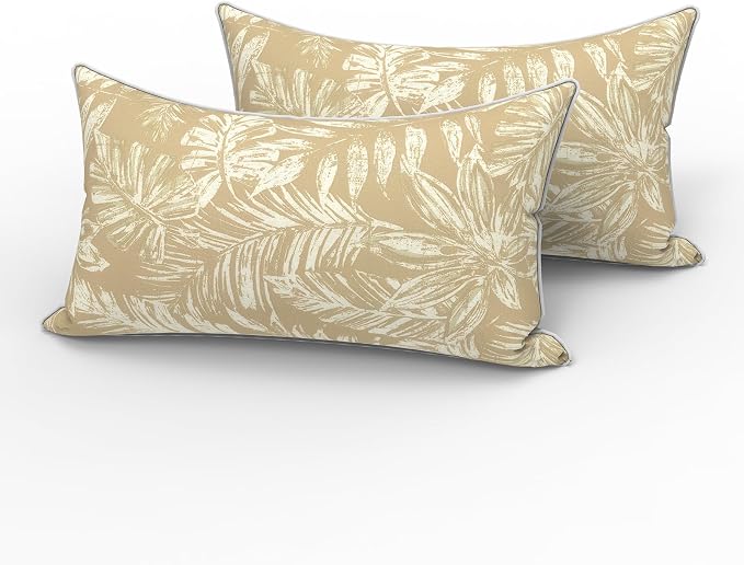 LVTXIII 2 Pack Outdoor Lumbar Pillows 12x20 Inch with White Piping, Fade Resistant Support Throw Pillows with Inserts for Patio Furniture, Sofa, Chair, Tropical Leaf Oat