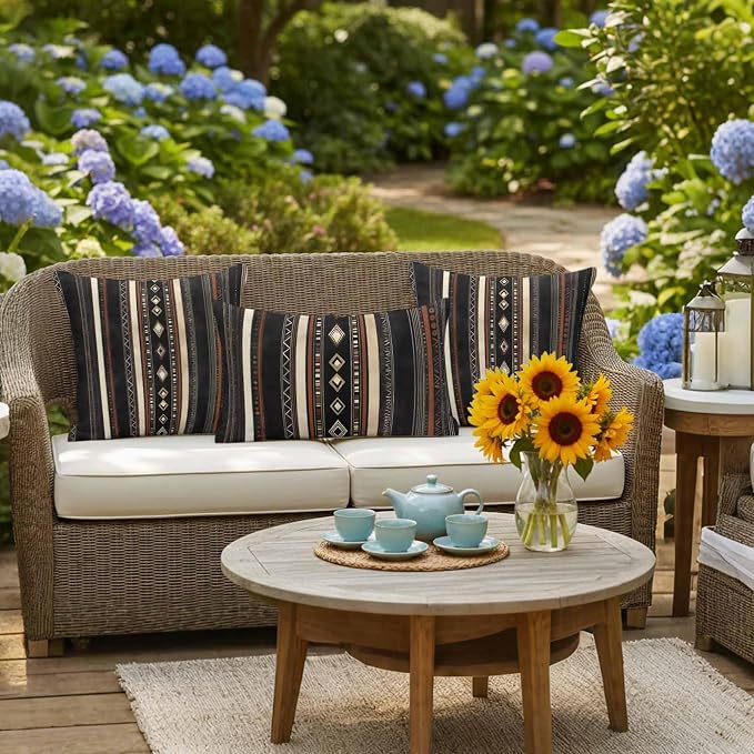 Black Beige Boho Outdoor Pillow Covers 20x12 Inch Lumbar Pillow Covers Set of 2 Waterproof Decorative Throw Pillow Cases Vintage Abstract Geometric Ethnic Cushion Covers for Patio Furniture Garden
