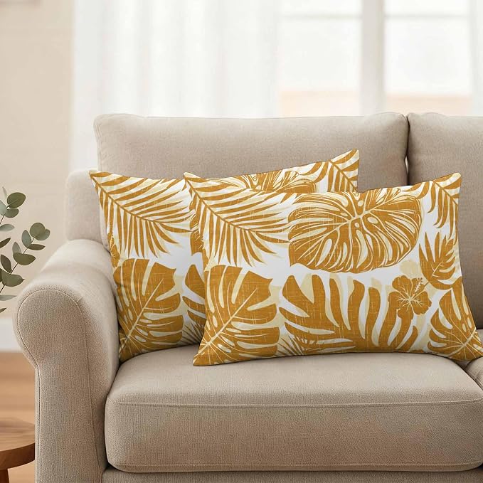 Vintage Yellow Palm Leaves Outdoor Pillow Covers 20"x12" Set of 2, Tropical Botanical Minimalist Modern Waterproof Throw Pillow Covers for Patio Furniture, Decorative Cushion Covers for Porch
