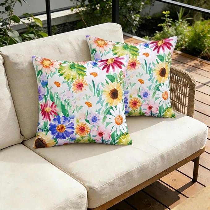 ONWAY Outdoor Floral Pillow Covers 18X18 inch Set of 2 Waterproof Yellow and Green Daisy Decorative Throw Pillowcases for Patio Furniture Garden Spring Summer Cushion Cover