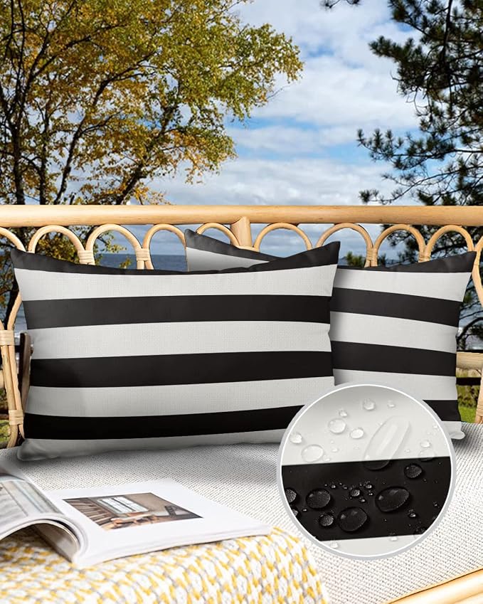 Outdoor Pillows 20x12 Waterproof Outdoor Pillow Covers, Black White Stripes Polyester Throw Pillow Covers Garden Cushion Decorative Case for Patio Couch Decoration Set of 2, Geometric