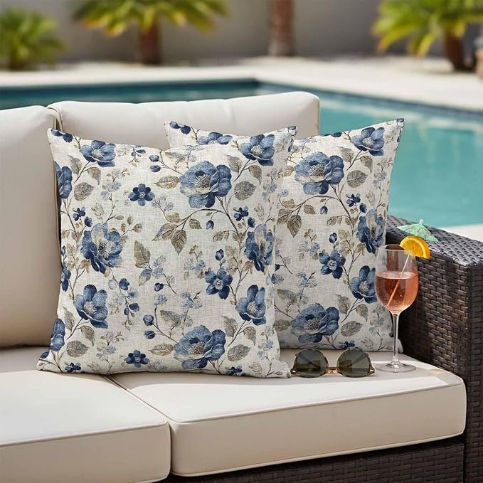 Blue Gray Waterproof Outdoor Pillow Covers 26''x26'' Set of 2, Vintage Botanical Patio Furniture Spring Florals Cushion Covers for Chairs, Decorative Farmhouse Pillow Cases for Garden/Pool/Beach