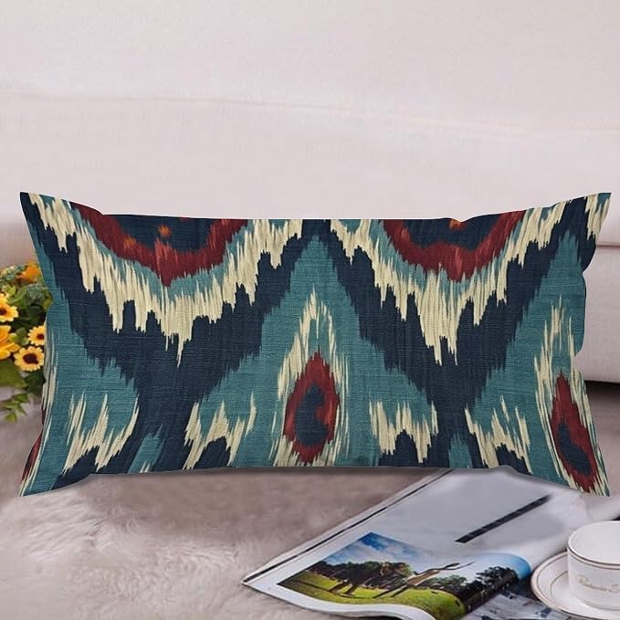 Zipped Pillow Cases for Home Decor Blue Green Red Cream Ikat Pattern Throw Pillow Cover Set of 2 Farmhouse Cushion Cover Cases for Living Room Club Home Decor 12x24in