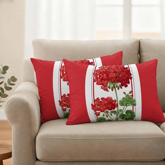 Outdoor Waterproof Pillow Covers Spring Summer Flowers Geranium Decorative Throw Pillow Protectors,Red Geometric Striped Pillowcase Cushion Cases for Patio Sofa Garden Couch,20x12in,Pack of 2