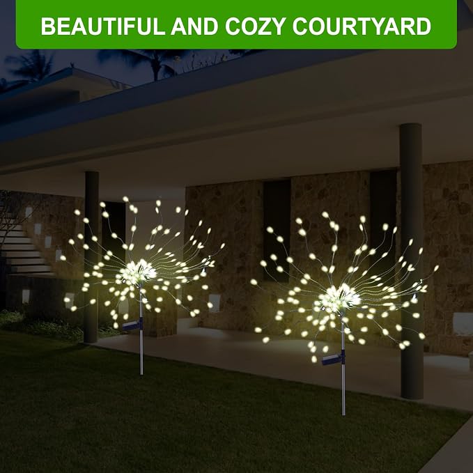 PXBNIUYA 4 Pcs Solar Garden Light Outdoor,175 LED Solar Firework Lights for Yard, 2 Modes IP67 Waterproof Copper Wire DIY Decorative Light, Starburst Lights for Party Patio（Warm White）