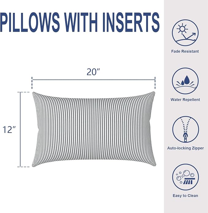 Outdoor Lumbar Pillows, Water Repellent Cushion Pillows 12x20 Inch, Outdoor Pillows with Inserts for Home Garden, Pack of 2, Stripe Gray
