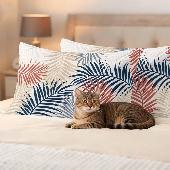 Outdoor Waterproof Throw Pillow Covers, Red Blue Yellow Palm Leaves Decorative Pillow Cases, Summer Botanical Tropical Leaf Couch Pillow Protector Patio Sofa Cushion Covers Replacement 20"x12" 2 Pack