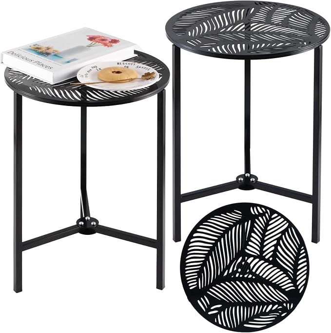 Party Zealot Set of 2 Small Round Metal Side Tables 13 Inches Black Outdoor End Tables for Patio, Balcony, Porch or Garden – Weather-Resistant Corner Coffee Table for Small Spaces & Indoor Plant Stand