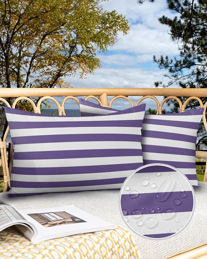 Outdoor Pillows 20x12 Waterproof Outdoor Pillow Covers Purple White Stripes Polyester Throw Pillow Covers Garden Cushion Decorative Case for Patio Couch Decoration Set of 2 Geometric
