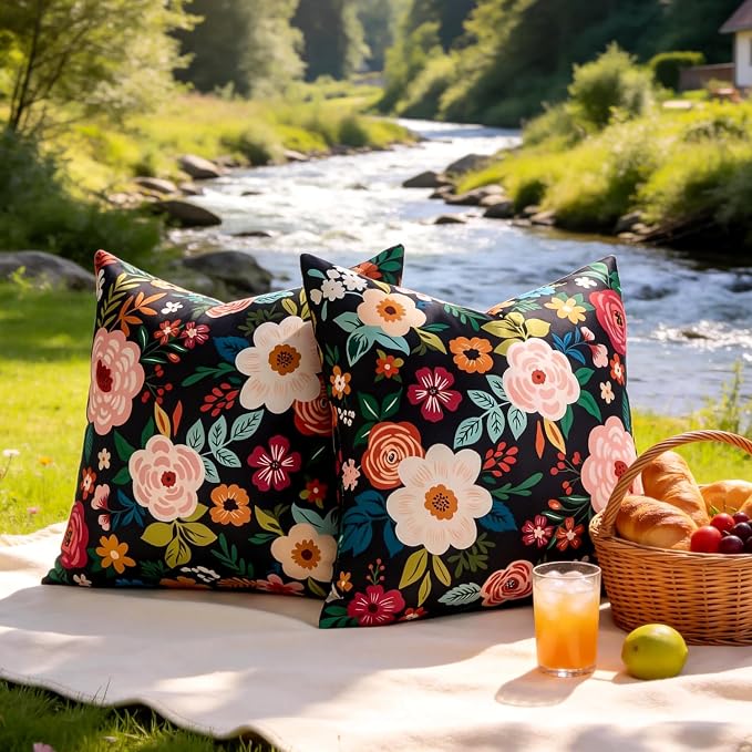 Outdoor Waterproof Pillow Covers Decorative Black Floral Pillow Covers Summer Accent Square Couch Covers Garden Farmhouse Throw Cushion Cases 20x20 Inch Set of 2 for Patio Tent Balcony Bench Sofa