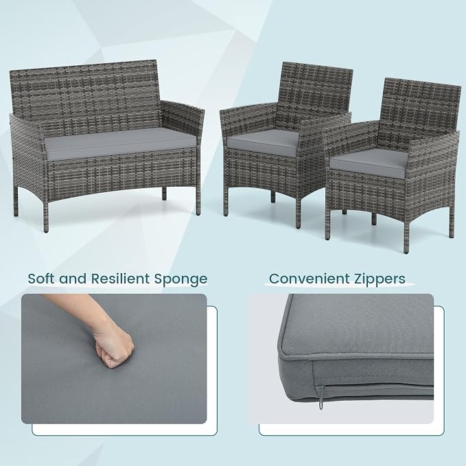 HAPPYGRILL 8 Pieces Outdoor Rattan Conversation Set, Patio Wicker Furniture Set with Loveseat Chairs & Tempered Glass Coffee Table, Outside Sectional Sofa Set for Backyard Garden Poolside, Gray