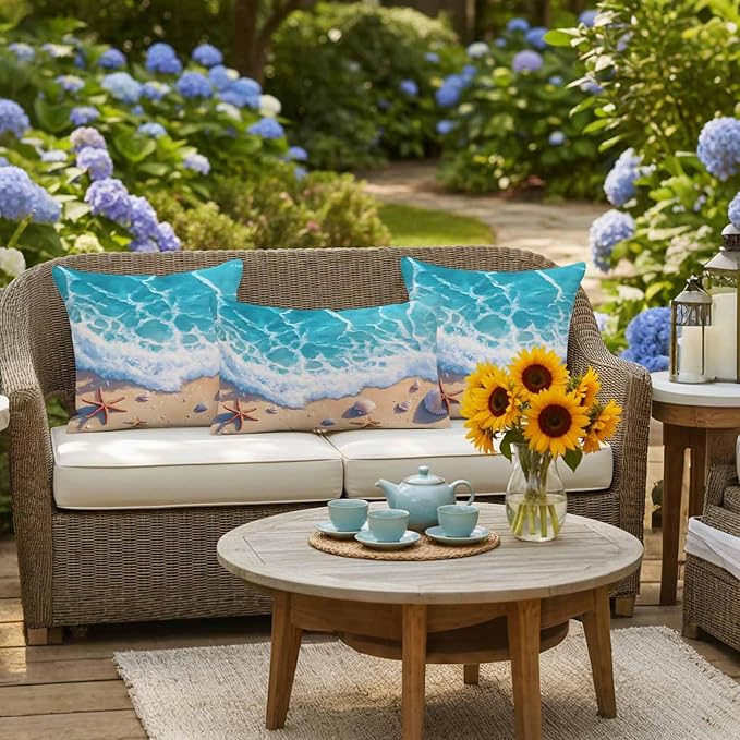Ocean Beach Waterproof Outdoor Pillow Covers Set of 2 Home Decor, Coastal Nautical Starfish Shells Sea Waves Pillowcase Patio Pillow Covers for Couch Bench Furniture Garden 24x24in