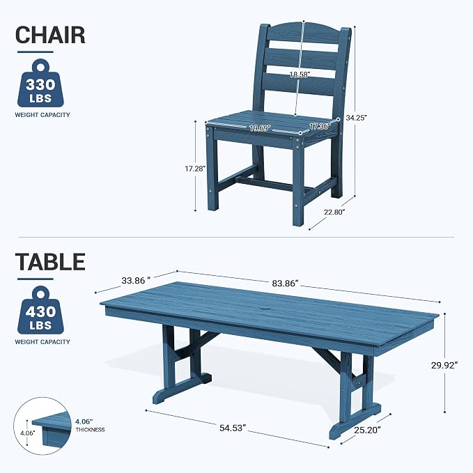 KINGYES Outdoor Armless Dining Chairs Set of 2,All-Weather HDPE Patio Chairs for Backyard,Pooside,Blue