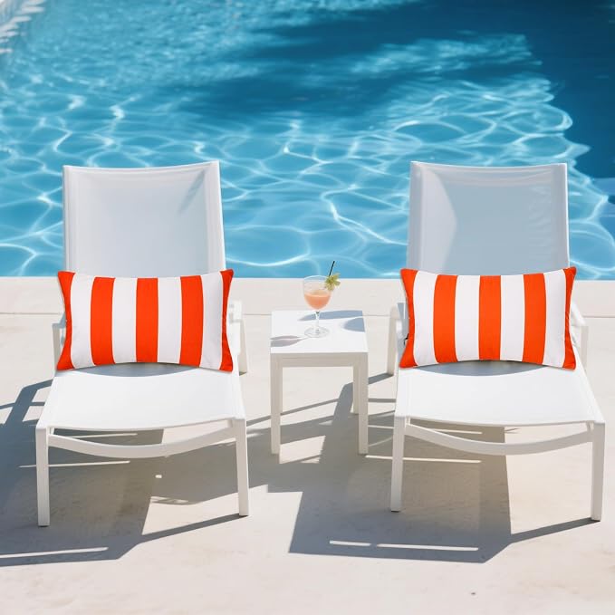 tiggell 4 Pack Waterproof Pillow Covers Outdoor Throw Pillowcases Decorative Garden Cushion Case for Home Garden Patio Couch Balcony Striped (Orange & White, 12 * 20 inch)
