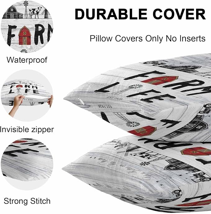 Outdoor Throw Pillows Covers 18x18 inch Set of 2 Waterproof Farm Life Decorative Zippered Cushion Covers for Patio Furniture, Farmhouse Barn Windmill Cow Chicken Tractor Wood Lumbar Pillowcases