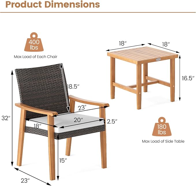 HAPPYGRILL 3 Piece Patio Furniture Set Acacia Wood Chair & Side Table Set with Rattan Seat & Back, Outdoor Wicker Bistro Conversation Set for Balcony, Porch, Backyard