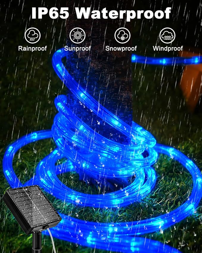 btfarm Solar Rope Lights, 120LED 46FT Solar String Lights Outdoor Waterproof, 8 Lighting Modes Solar Powered Strip Trampoline Light for Outside Garden Tree Christmas Yard Patio Decor, Blue