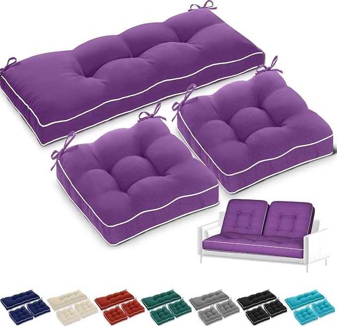 Wenqik 44 x 19 x 4 Inch Outdoor Bench Cushion Set of 3 Waterproof Tufted 1 Patio Loveseat Cushions and 2 Square Chair Seat Pad for Outdoor Furniture Couch Swing Sofa Wicker Settee(Purple)