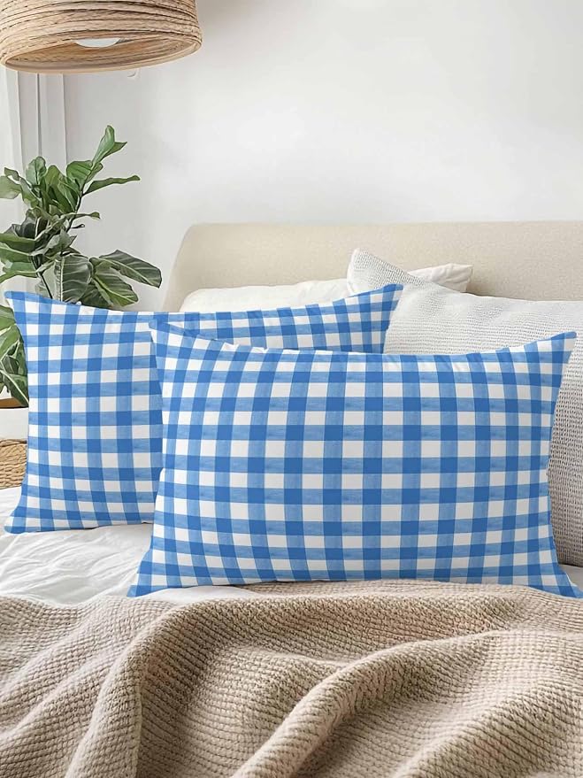 Outdoor Waterproof Throw Pillows Light Blue Gingham Check Patio Pillows Pack of 2,Decorative Pillow Covers with Insert,Pillow Cushion Case for Garden Couch Sofa Country Classic Plaid