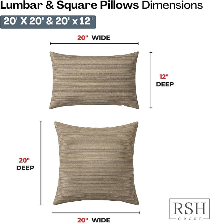 RSH DECOR: Sunbrella Lumbar & Square Pillows Set of 4 | 20" x 12" & 20" x 20" | Water and Fade-Resistant Performance Fabric | Outdoor Throw Pillows for Patio Furniture | Made in USA (Current Slate)