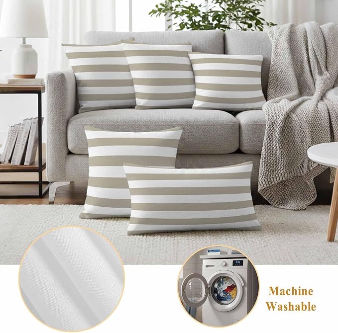 JasmineM Outdoor Pillow Cover 26x26 Inches Set of 2 Tan and White Stripe Waterproof Throw Pillow Covers Taupe Tan Brown Stripes Decorative Pillowcases Garden Cushion Case for Patio Couch Sofa