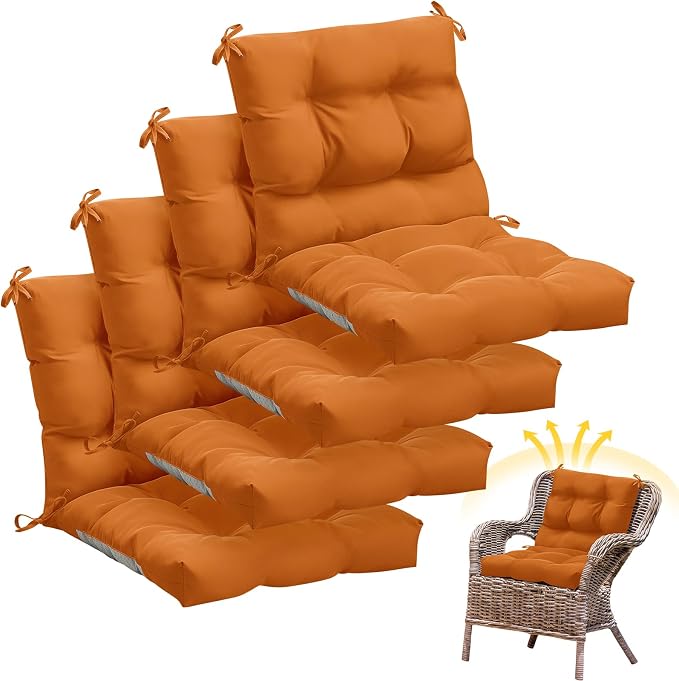 Marsui 4 Pcs Outdoor Indoor High Back Chair Cushions Patio Furniture Tufted Pillow with Ties Water-Resistant Replacement Outdoor Rocking Chair Cushions, 42 x 21 Inches (Orange,Solid Color)