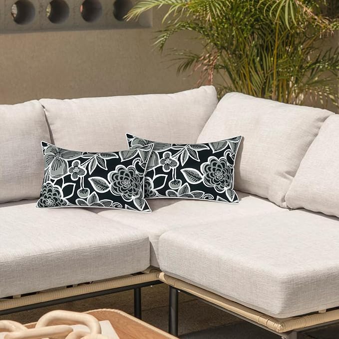 LVTXIII Set of 2 Outdoor Lumbar Pillows for Patio Furniture with White Piping, 12"x20" Fade Resistant Patio Lumbar Pillows with Inserts for Home Coach Sofa Use, Flower Black