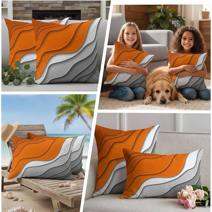 Abstract Beach Outdoor Pillow Covers Set of 2 Aesthetic Grey to Orange Gradient Waterproof Throw Pillow Cover Decorative Cushion Cases for Patio Porch Garden 20X12 Inch