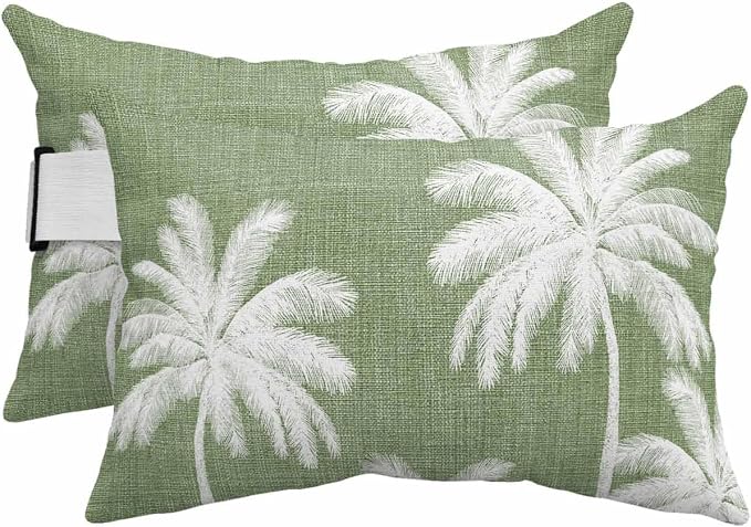 Pack of 2 Outdoor Lumbar Pillow Covers 12x20 Inch, Dark Sage Green Palm Trees Waterproof Throw Pillow Covers Set, Tropical Summer Beach Indoor&Outdoor Decorative Cushion Cases for Patio Porch Car